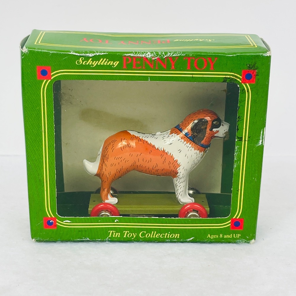 Schylling Penny Toy Tin Dog St. Bernard Orange White Rolling Wheels 2003 Exc